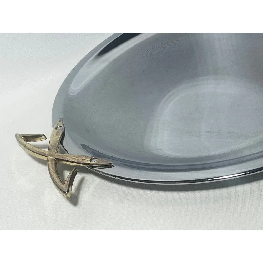Kromex Serving Tray Silver Chrome Gold Atomic X Handles Mid Century Vintage MCM‎